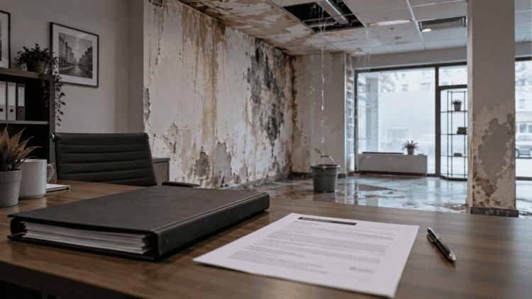 Intérieur d’un local commercial endommagé par des infiltrations d’eau, avec un dossier et un document posés sur un bureau.
