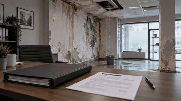 Intérieur d’un local commercial endommagé par des infiltrations d’eau, avec un dossier et un document posés sur un bureau.