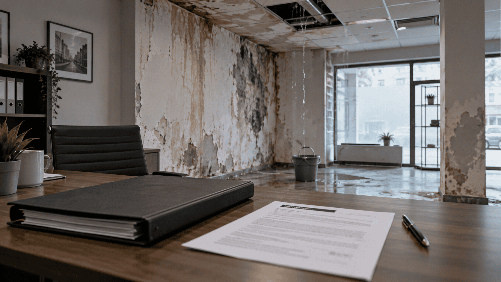 Intérieur d’un local commercial endommagé par des infiltrations d’eau, avec un dossier et un document posés sur un bureau.