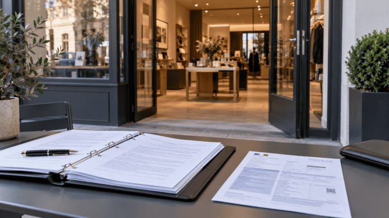 Dossier contractuel ouvert et document administratif posés sur une table devant l’entrée d’un local commercial.
