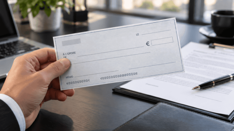 Main tenant un chèque bancaire dont l’emplacement réservé à la date est laissé vide, devant un bureau professionnel avec un contrat et un stylo en arrière-plan.