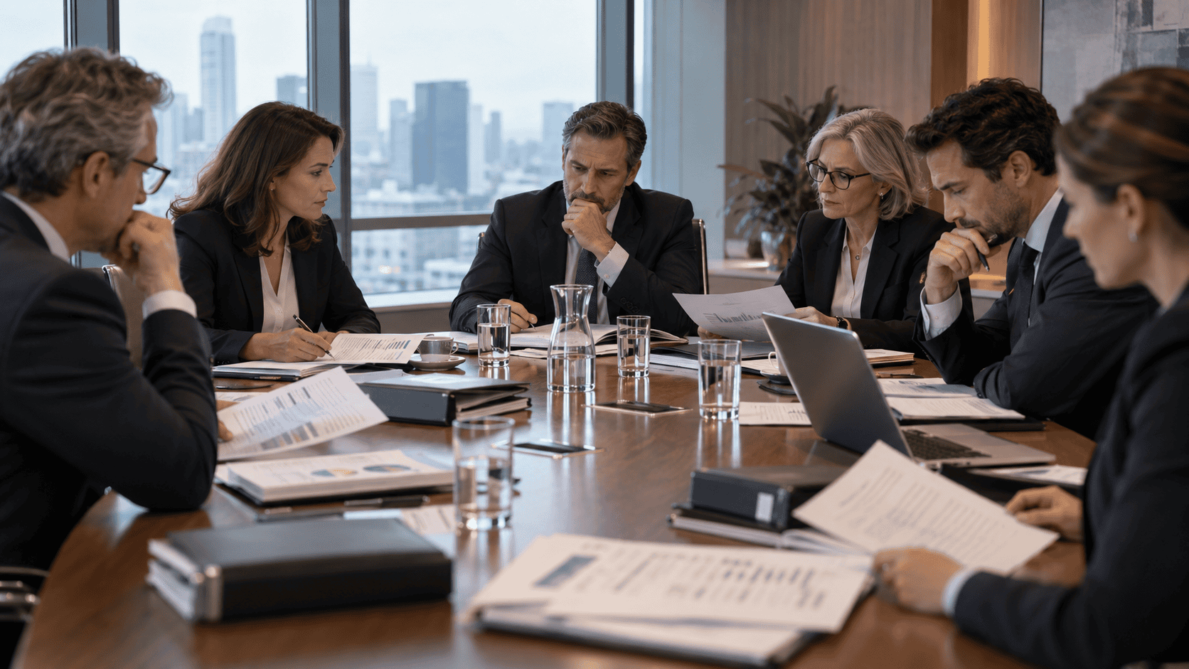Plusieurs administrateurs réunis autour d’une table examinent des documents financiers et juridiques lors d’un conseil d’administration.