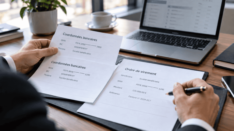 Professionnel comparant plusieurs documents de coordonnées bancaires partiellement masquées avec un ordre de virement avant validation.