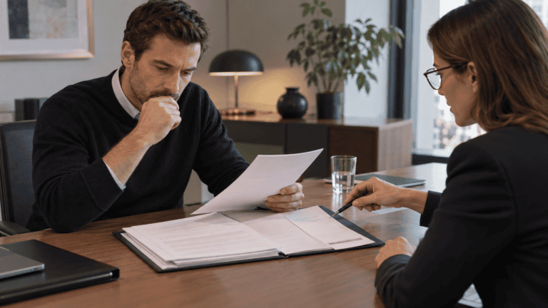 Un emprunteur examine attentivement plusieurs documents contractuels face à une conseillère, avec un dossier de crédit ouvert sur la table.