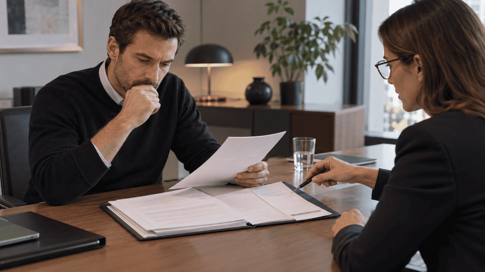 Un emprunteur examine attentivement plusieurs documents contractuels face à une conseillère, avec un dossier de crédit ouvert sur la table.