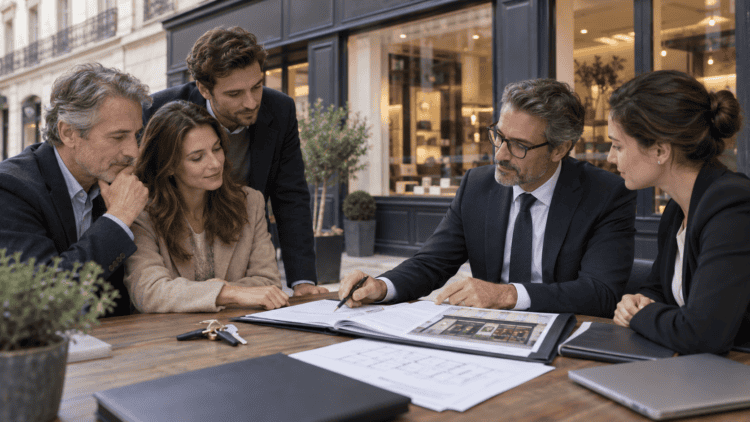Plusieurs personnes examinent un dossier de vente immobilière et des clés sur une table devant un local commercial.