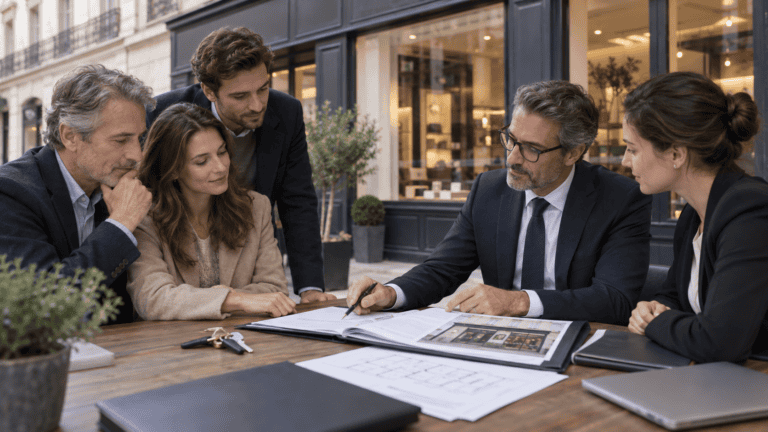 Plusieurs personnes examinent un dossier de vente immobilière et des clés sur une table devant un local commercial.
