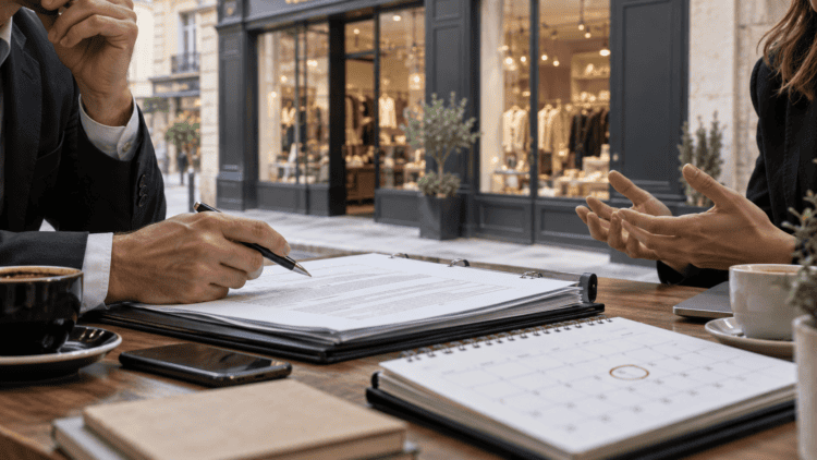 Discussion professionnelle autour d’un dossier de bail commercial et d’un calendrier, devant un local commercial en activité.