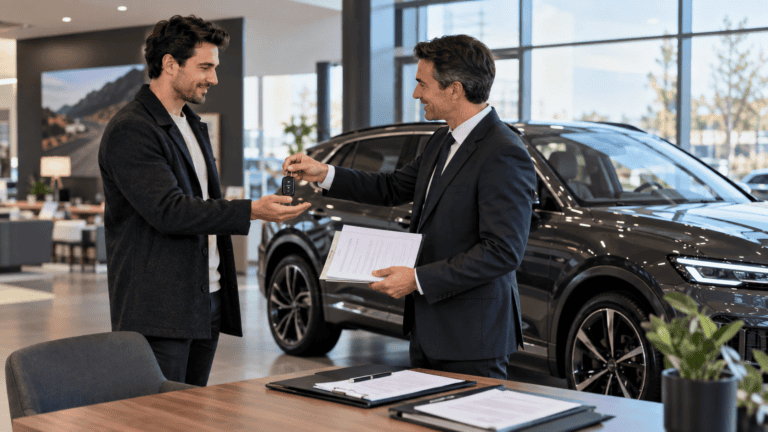 Client recevant les clés d’un véhicule neuf dans une concession, avec des documents contractuels à proximité.