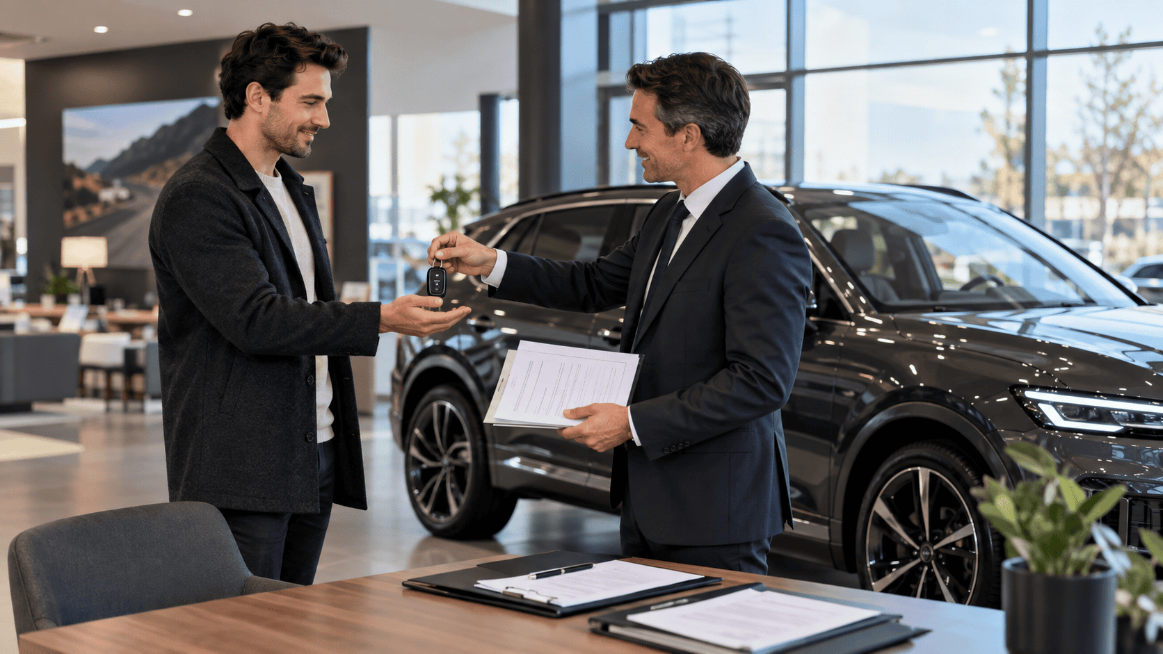 Client recevant les clés d’un véhicule neuf dans une concession, avec des documents contractuels à proximité.