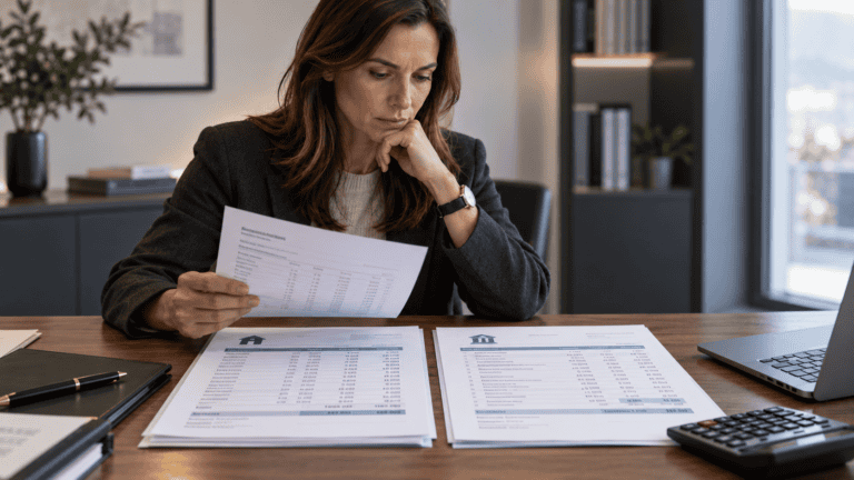 Une femme compare deux séries de relevés et de calculs financiers posés sur un bureau, avec une calculatrice et un ordinateur portable.