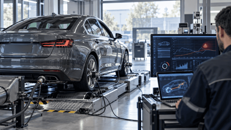 Voiture diesel grise sur un banc de contrôle des émissions, reliée à des écrans de diagnostic