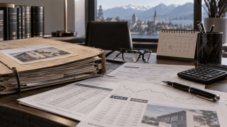 Ancien dossier de prêt immobilier posé sur un bureau avec relevés financiers en euros et francs suisses,