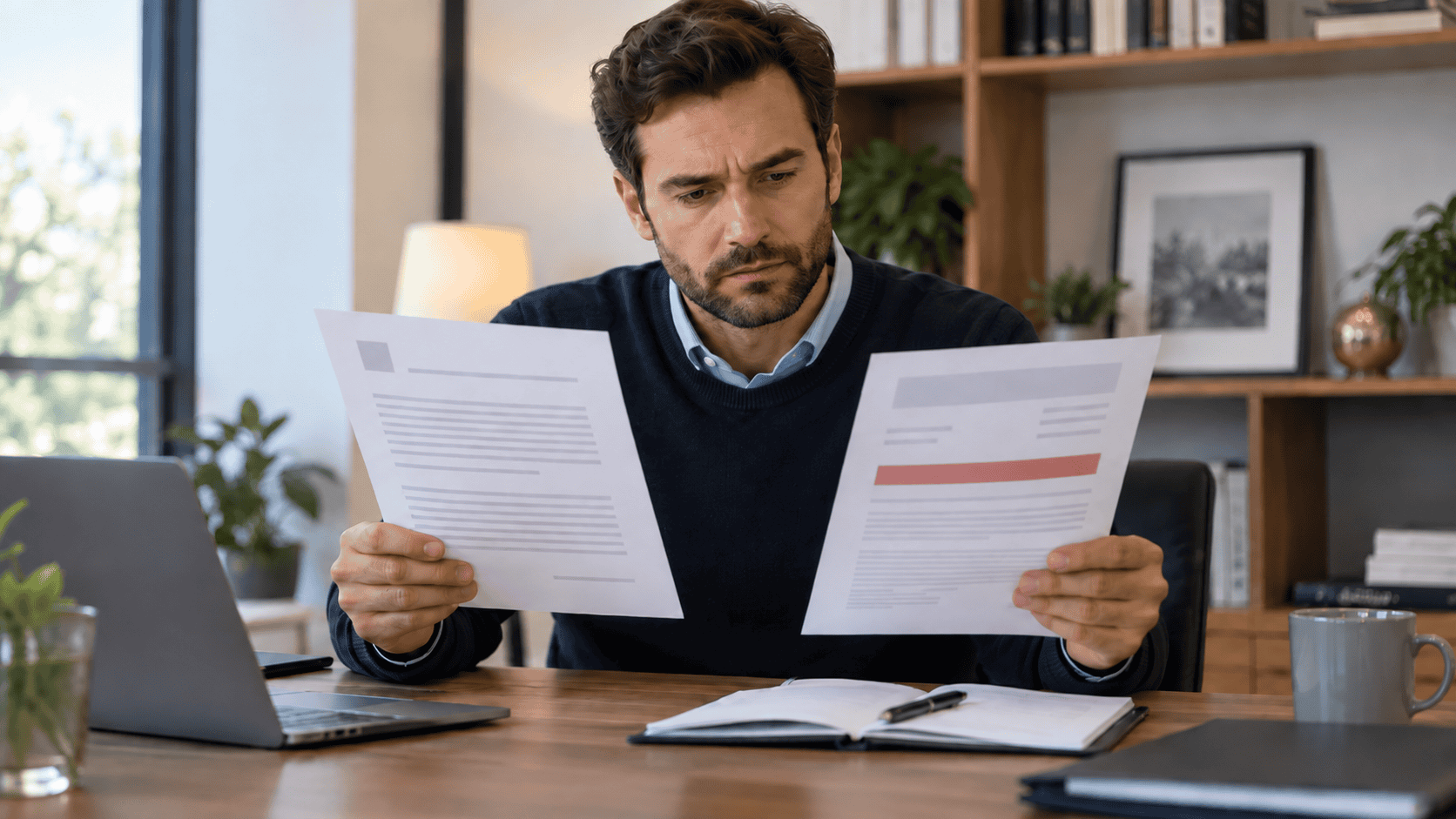 Un homme examine deux documents financiers à son bureau, dont un courrier comportant une bande rouge, avec une expression préoccupée.