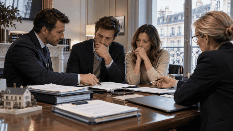 Couple préoccupé examinant des documents avec deux professionnels lors d’une réunion liée à une vente immobilière.