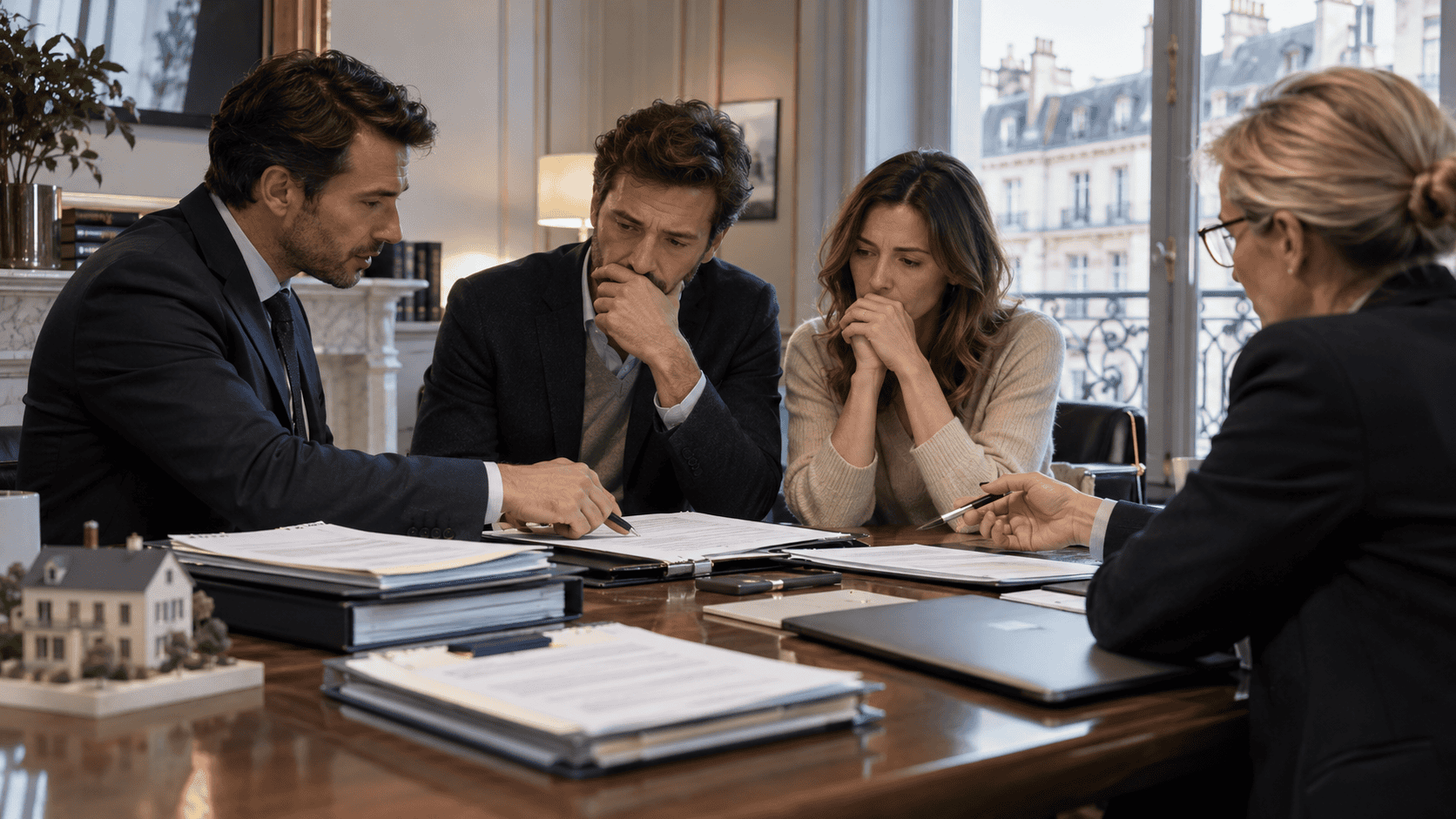 Couple préoccupé examinant des documents avec deux professionnels lors d’une réunion liée à une vente immobilière.
