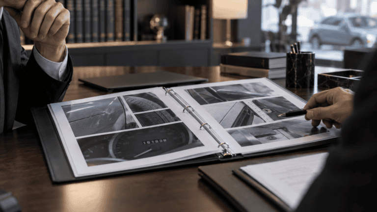 Dossier d’expertise automobile ouvert sur un bureau, présentant des photographies techniques et un compteur kilométrique examinés par deux professionnels.