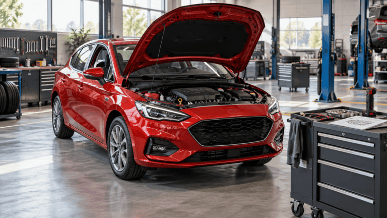 Voiture rouge au capot ouvert dans un atelier automobile moderne, avec des outils de mécanique disposés à proximité.
